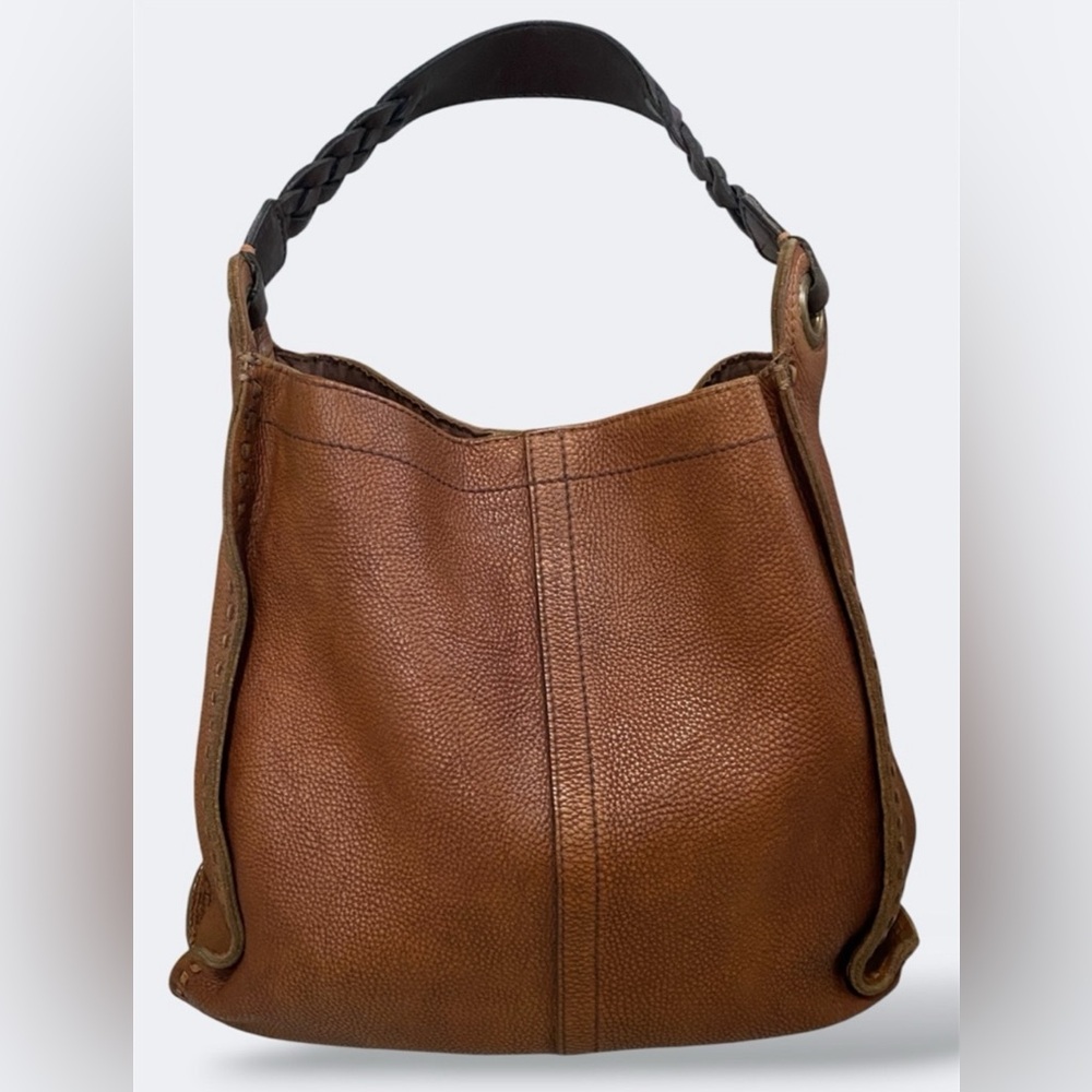 VTG Lucky Brand Purse Hobo Bag Pebbled Leather Chocolate Brown Braided Strap